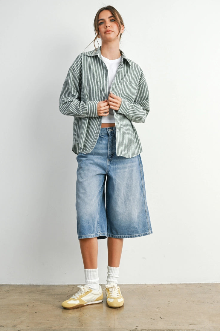 Cropped Striped Button Up - Ivory/Green