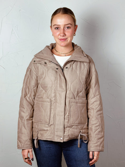 Quilted Puffer High Collar Jacket - Taupe