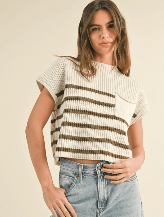 Half Mock Neck Striped Knit Top White Forest Green