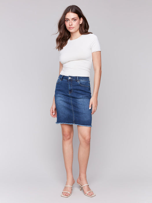 Stretch Denim Skort Frayed Hem - Indigo