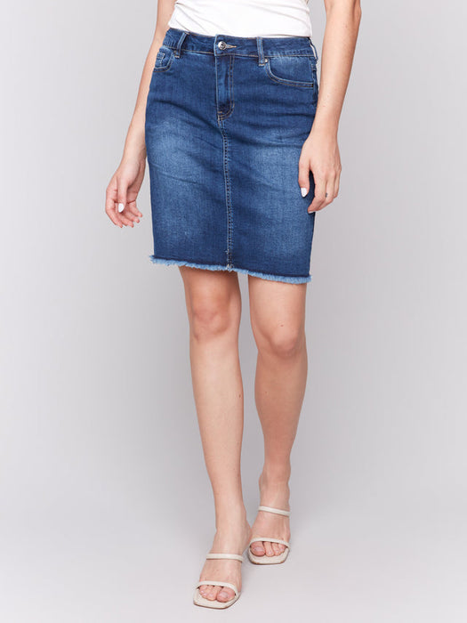 Stretch Denim Skort Frayed Hem - Indigo