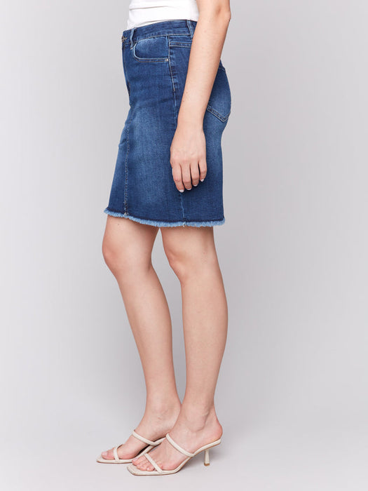 Stretch Denim Skort Frayed Hem - Indigo