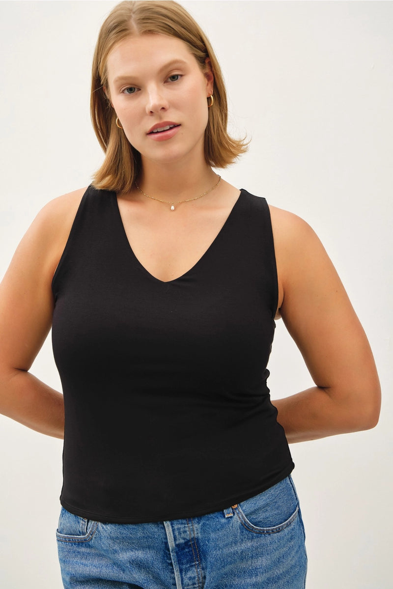 Double Lined V Neck Basic Tank - Black