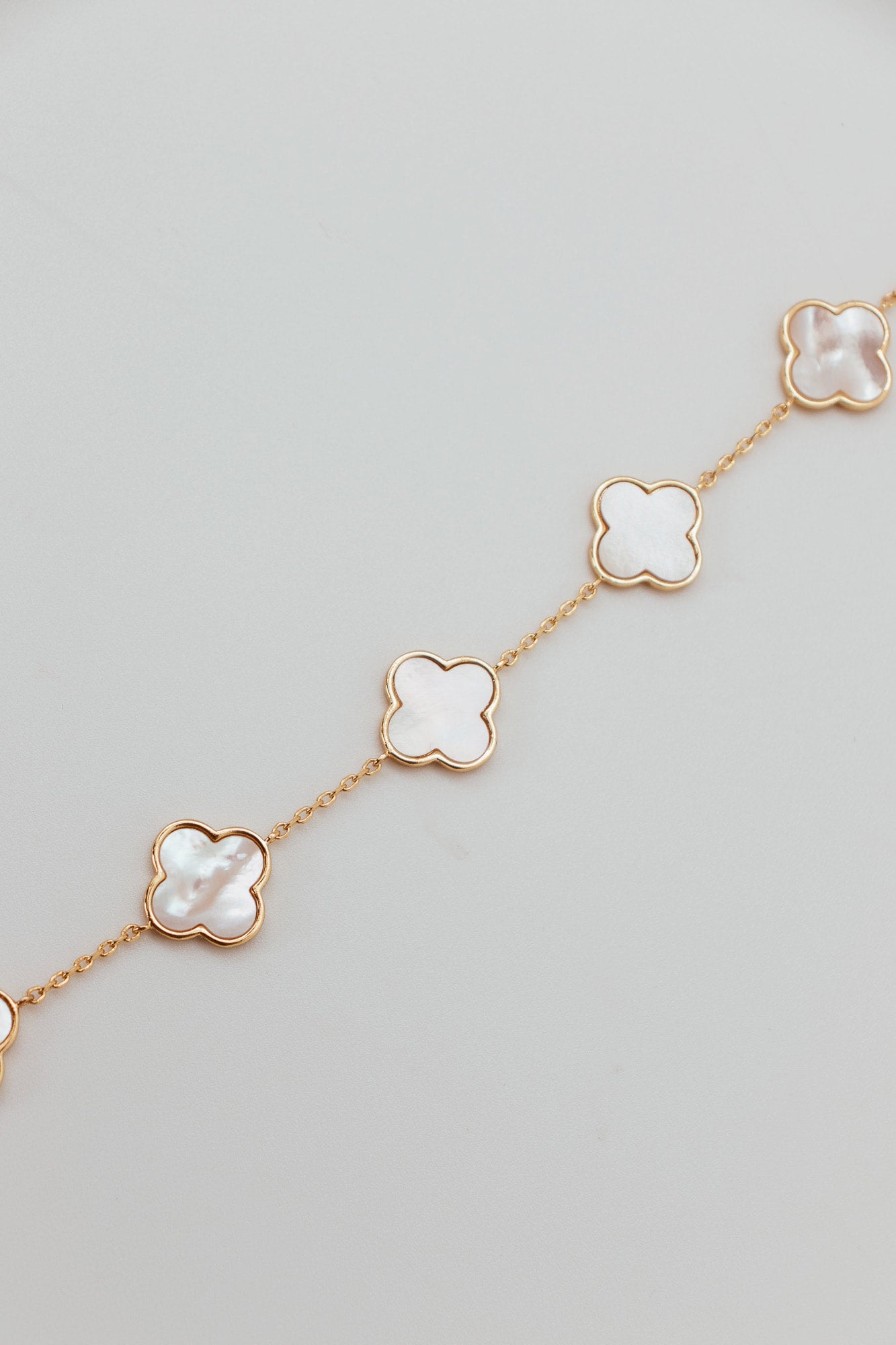Gold/White 5 Mother Pearl Clover Station Bracelet - 23156 — bfearless.