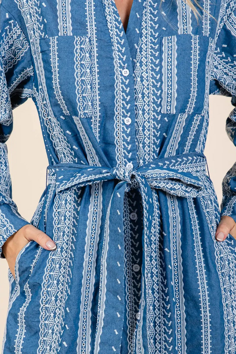 Curvy Striped Pattern Embroidered Midi Shirt Dress Denim