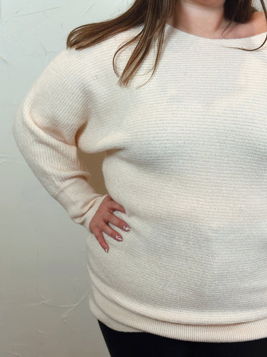 Off Shoulder Rib Knit Sweater - Cream