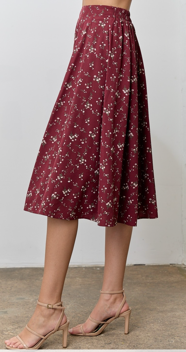 Floral Print Midi Skirt - Burgundy