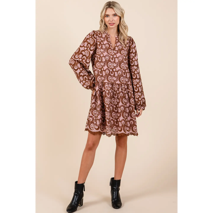 Embroidered Long Sleeve Dress - Black/Brown