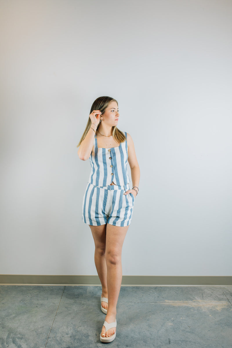 Stripe High Waist Linen Shorts - Navy