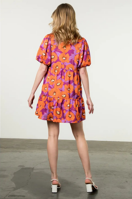 Puff Sleeve Floral Print Dress Orange Purple