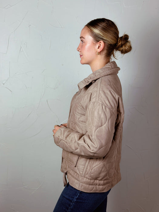 Quilted Puffer High Collar Jacket - Taupe