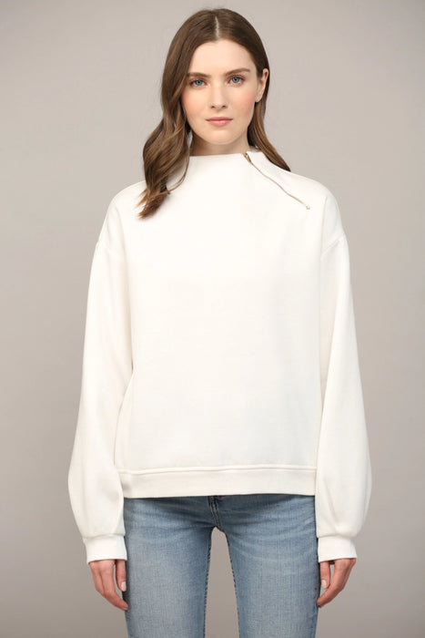 Zipper Trimmed Round Neck Sweatshirt - Cream