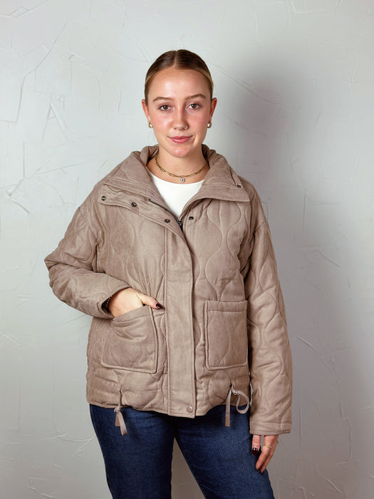 Quilted Puffer High Collar Jacket - Taupe