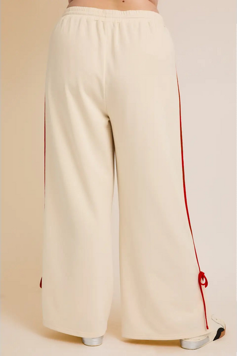 Draw String Sweatpants w/ Piping Detail - Cream/Red