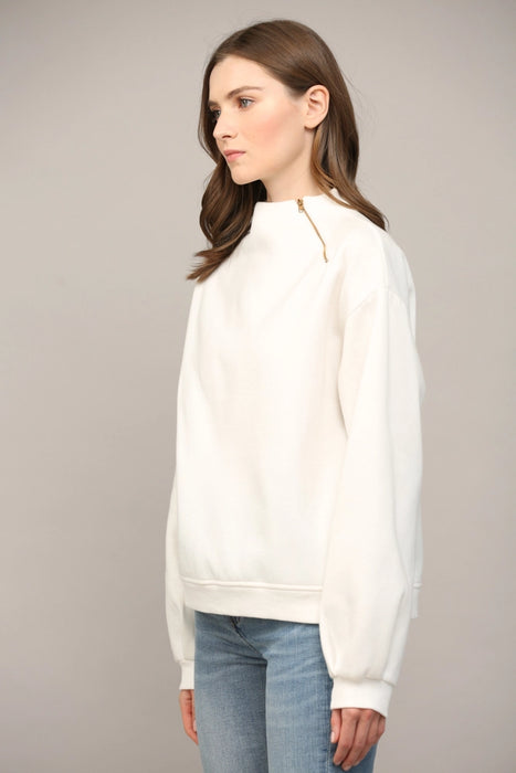 Zipper Trimmed Round Neck Sweatshirt - Cream