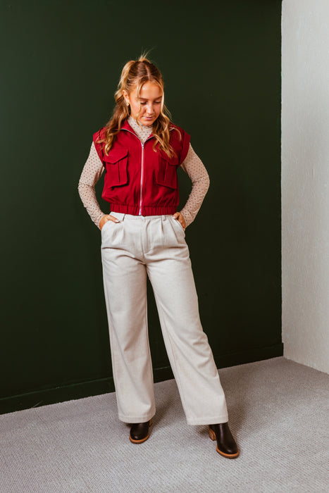 Brushed Pleated Slack Pants - Oatmeal