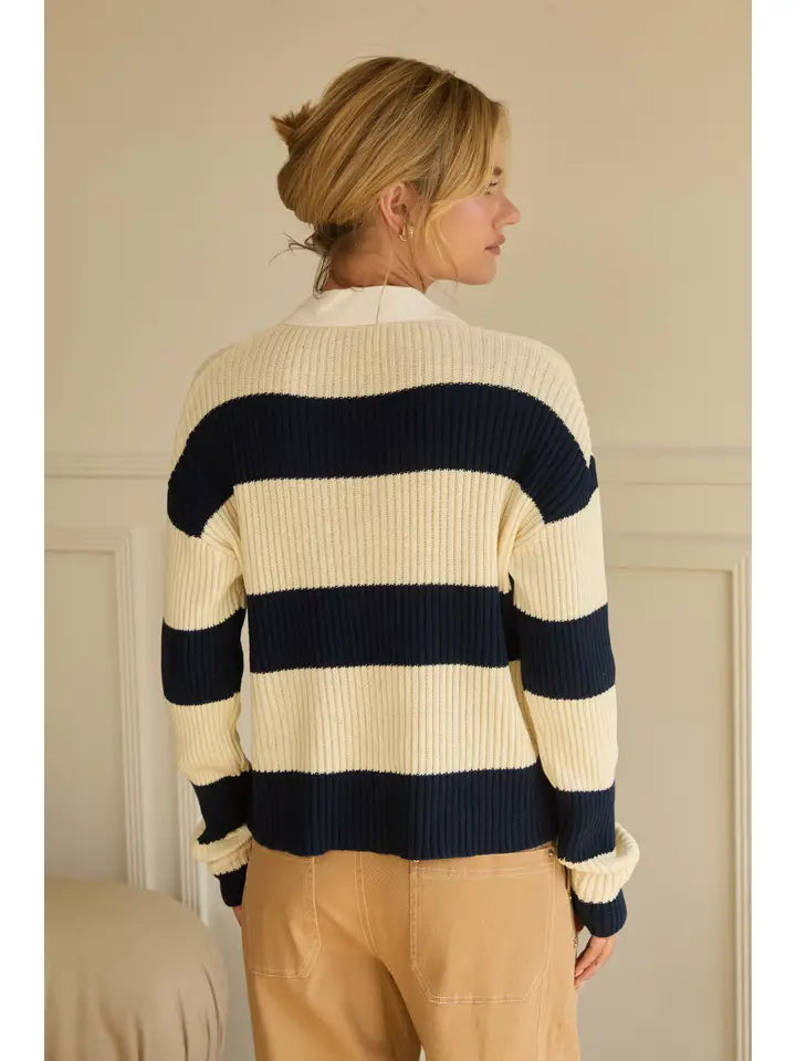 Striped Polo Sweater Cream - Navy