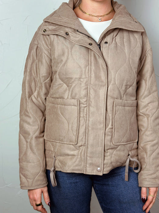 Quilted Puffer High Collar Jacket - Taupe