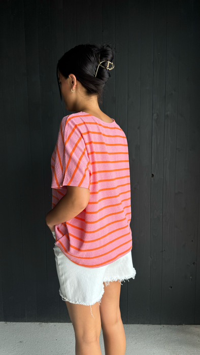 Striped Boxy V Neck Knit Top - Pink & Coral