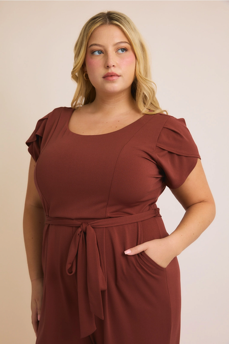 Tulip Sleeve Jumpsuit w/ Waist Tie - Burgundy