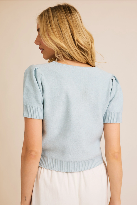 Short Sleeve Front Tie Knit Sweater - Light Blue