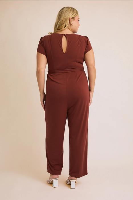 Tulip Sleeve Jumpsuit w/ Waist Tie - Burgundy