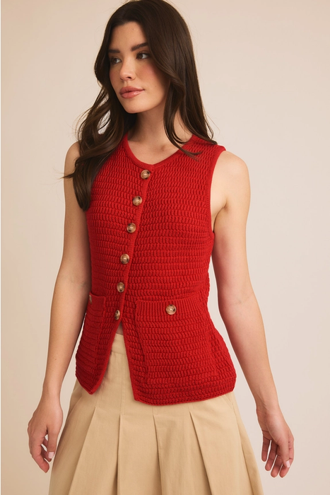 Button Down Sweater Vest - Red