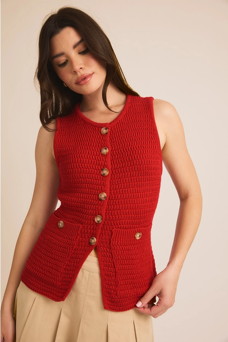 Button Down Sweater Vest - Red