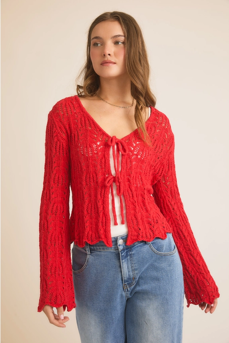 Front Tie Bell Sleeve Open Knit Cardigan - Berry