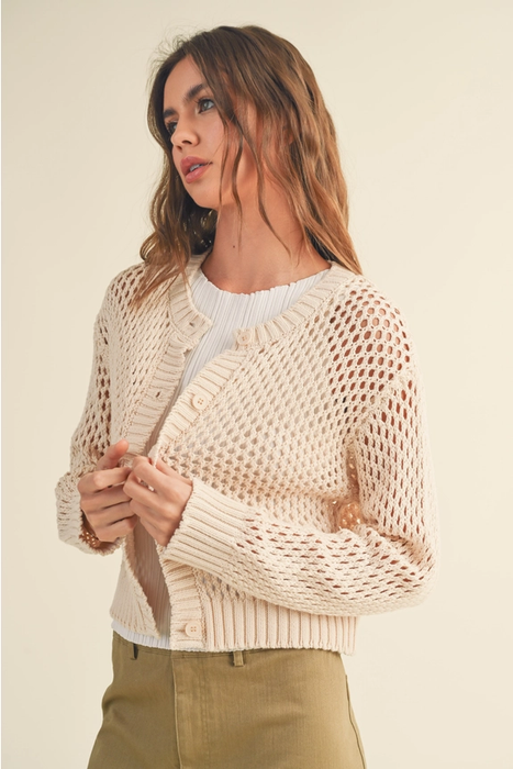 Crochet Knitted Button Down Cardigan - Beige