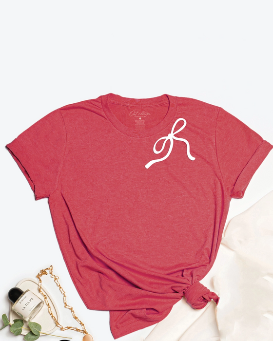 Puff Print Ribbon Bow Graphic T-Shirt - Heather/Red