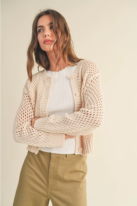 Crochet Knitted Button Down Cardigan - Beige