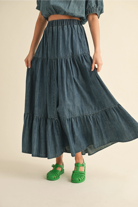 Tiered Denim Skirt Indigo Blue