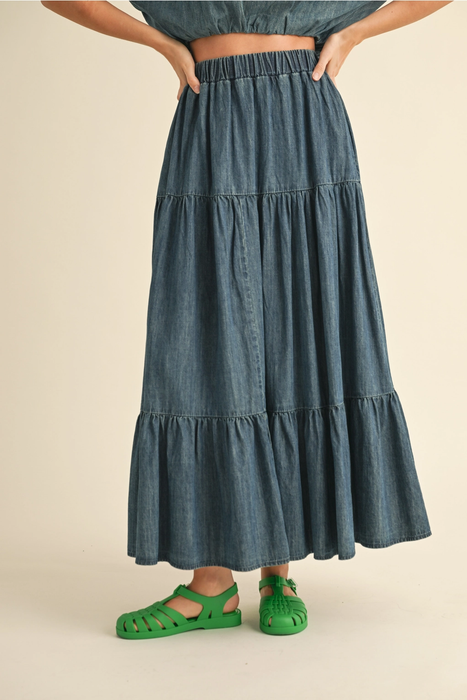 Tiered Denim Skirt Indigo Blue