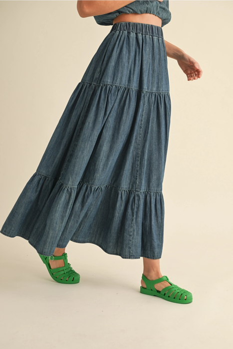 Tiered Denim Skirt Indigo Blue