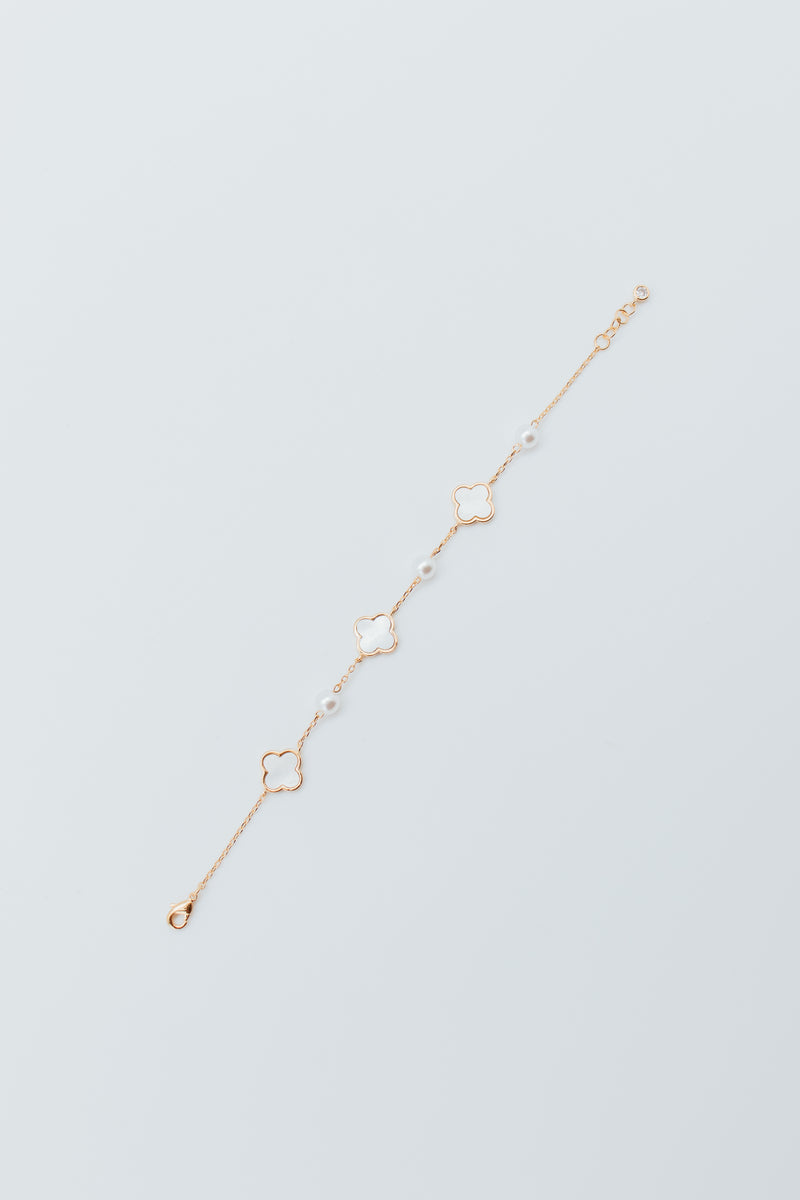 Gold & White Plated SM MOP Clover & Alternating Faux Pearl Bracelet - 23157