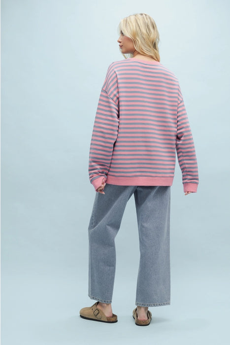 Striped Oversized Crewneck Pullover - Rose/Blue