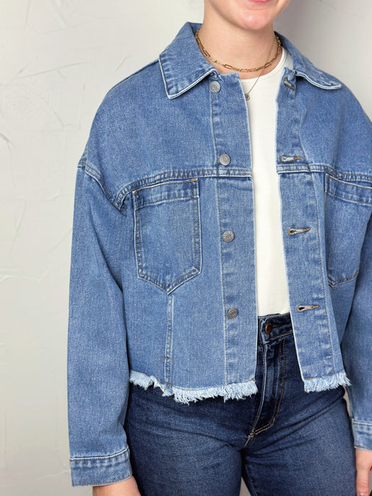 Cropped Raw Hem Denim Jacket - Medium Wash