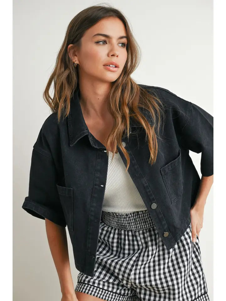 Button Front Cropped Shirt - Black