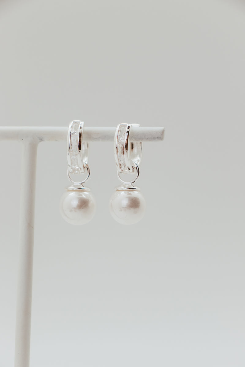 Sterling Silver Plated Jumbo Pearl & CZ Baguette Convertible Earring - 23690