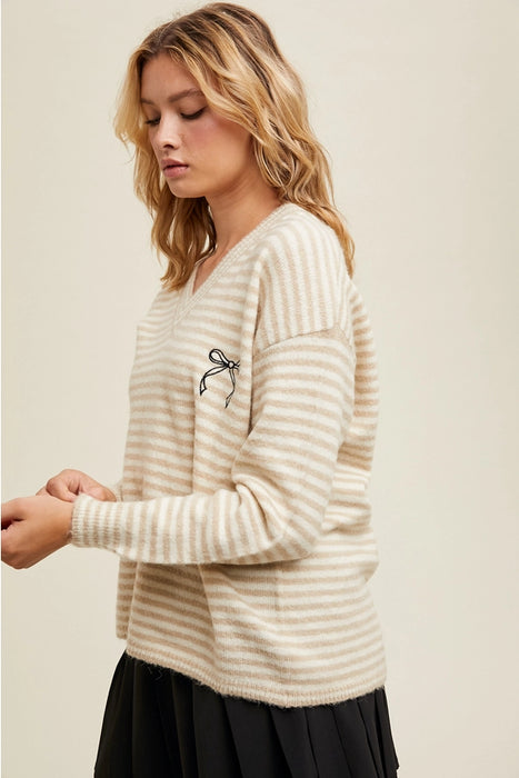 Bow Graphic Striped Sweater - Taupe/White