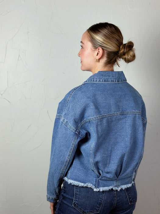 Cropped Raw Hem Denim Jacket - Medium Wash