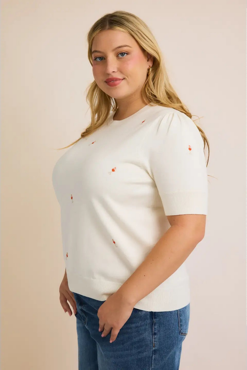 Embroidered Sweater Top w/ Puff Sleeve - Cream