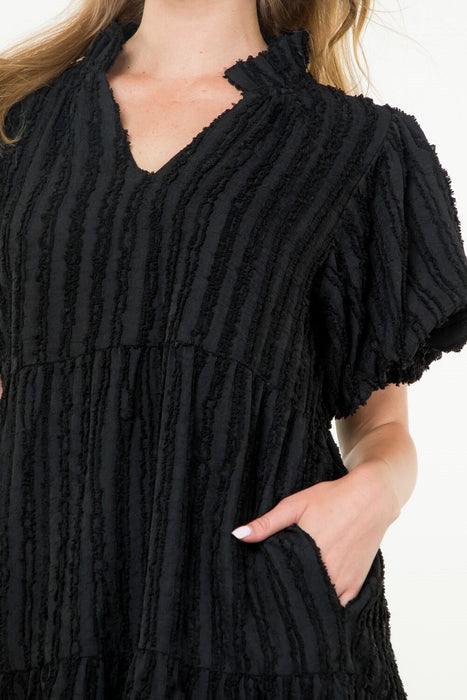 Tiered Puff Sleeve Textured Dress - Black