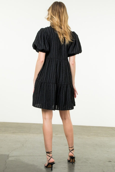 Tiered Puff Sleeve Textured Dress - Black