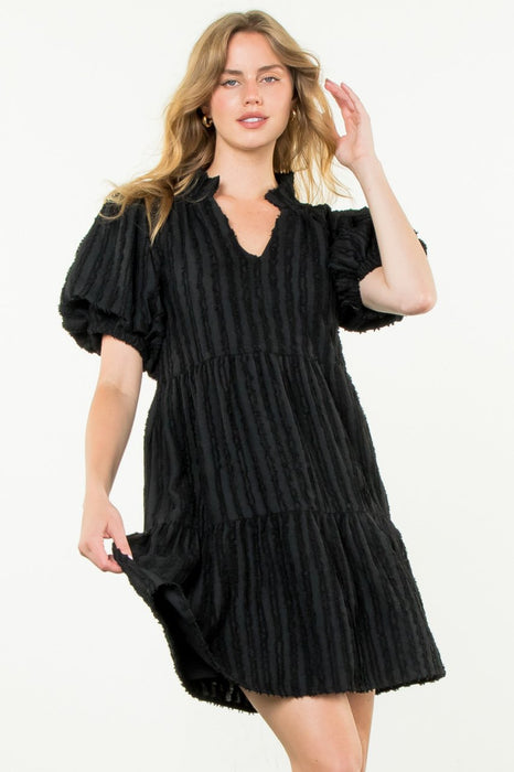 Tiered Puff Sleeve Textured Dress - Black