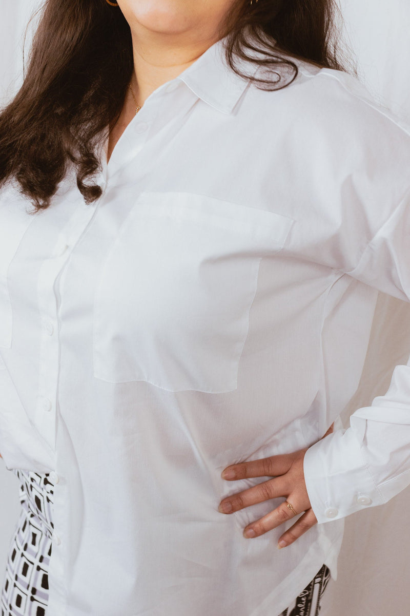Loose Poplin Button Down Long Sleeve Top - White